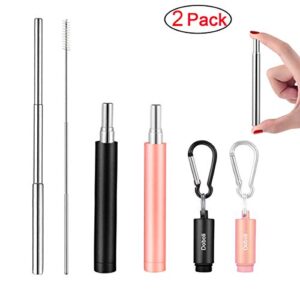 2 Pack Telescopic Reusable Straws Portable Stainless Steel Metal Drinking Straw with Aluminum Case Cleaning Brush Black/Rose Gold