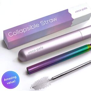 Eco-Pals | Rainbow Collapsible Straw, Reusable Straws with Case Stainless Steel Metal Straws Folding Straw Drinking +1 Cleaning Brush (Unicorn)