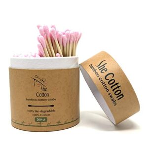 SheCotton Bamboo Cotton Swabs | Natural 100% Biodegradable and Recyclable Buds for Ears | Double Tipped Wooden Makeup Cotton Swabs (200 ct) (Pink)