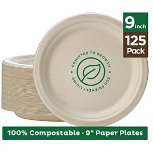 Stack Man 100% Compostable 9″ Paper Plates [125-Pack] Heavy-Duty Quality Natural Disposable Bagasse, Eco-Friendly Made of Sugar Cane Fibers, 9 inch, Brown